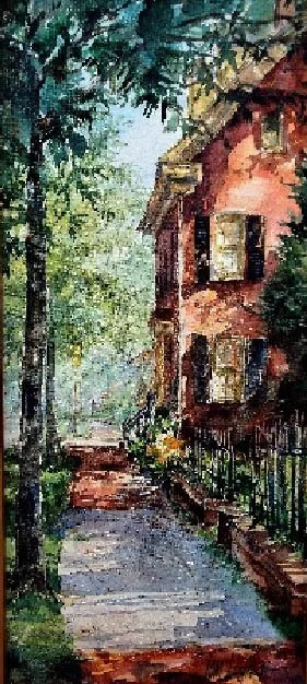 A watercolor painting of a sidewalk next to a red brick building with green trees and foliage.