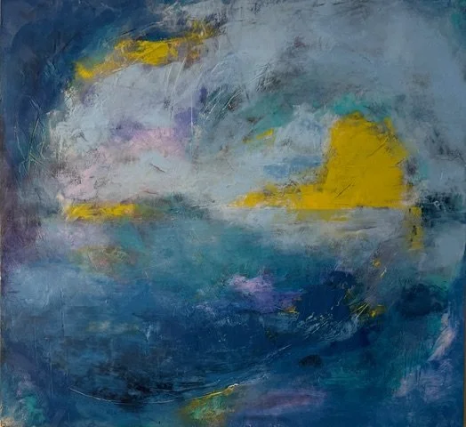 Abstract watercolor painting with shades of blue, purple, pink, yellow, and gray