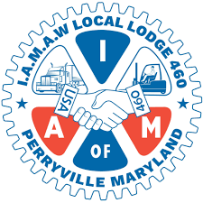 Seal of IAM Local Lodge 460 in Perryville, Maryland, featuring a handshake, an exclamation mark, an airplane, and a boat.