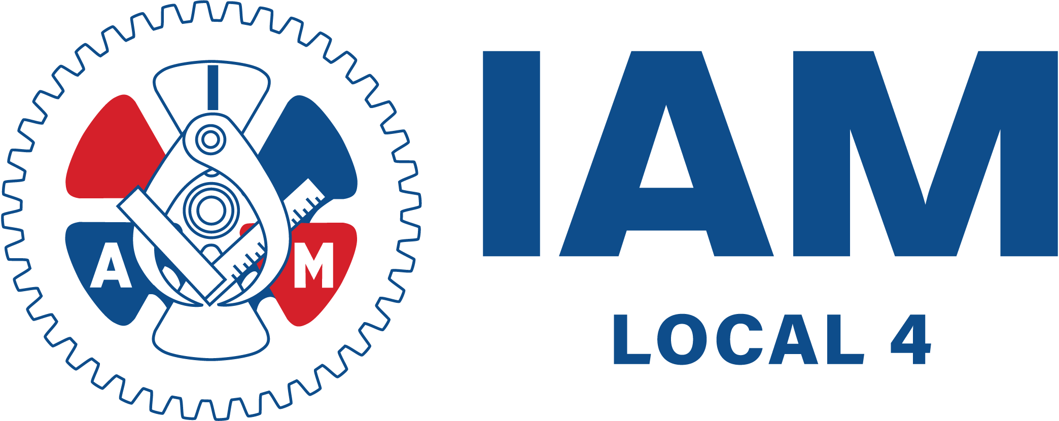 Logo of the International Association of Machinists and Aerospace Workers Local 4, featuring a gear, tools, and the text 'I AM LOCAL 4' in blue.