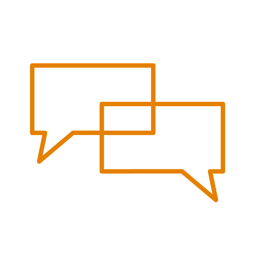 Two overlapping orange speech bubbles outlined in black, representing conversation or communication.