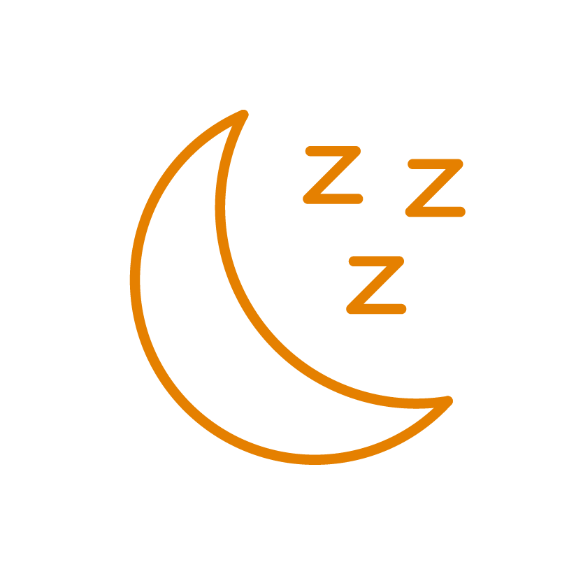 Orange outline of a crescent moon with the letters 'zzz' in orange nearby, indicating sleep or sleeping.