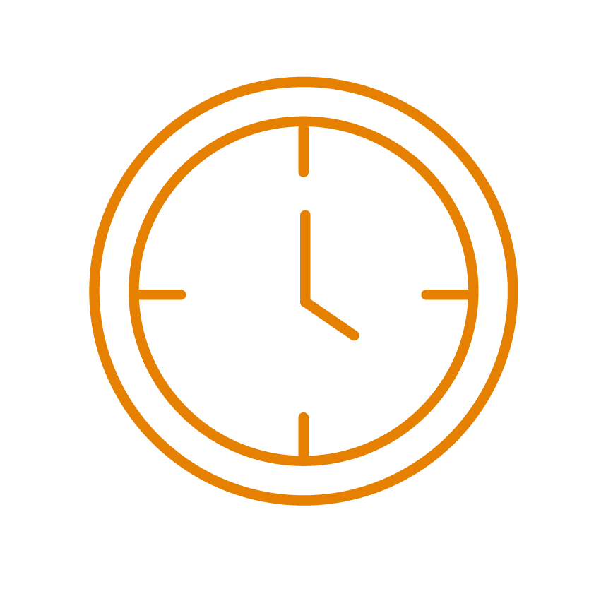 An orange analog clock showing 3:00.