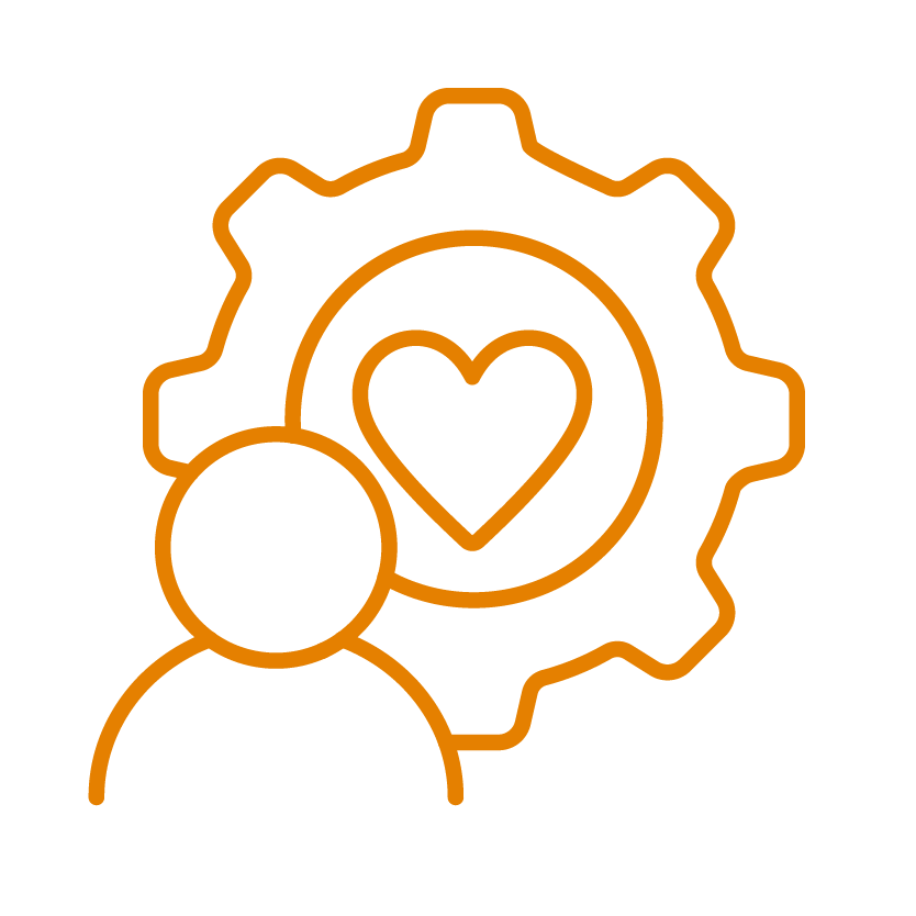 Outline of a person with a gear and heart inside it, symbolizing care, passion, or employee motivation.