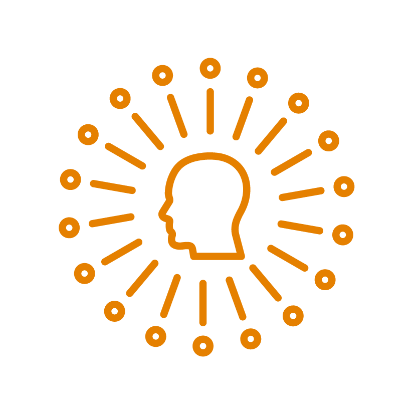 Outline of a human head in profile surrounded by radiating lines and dots, symbolizing ideas, thinking, or creativity.
