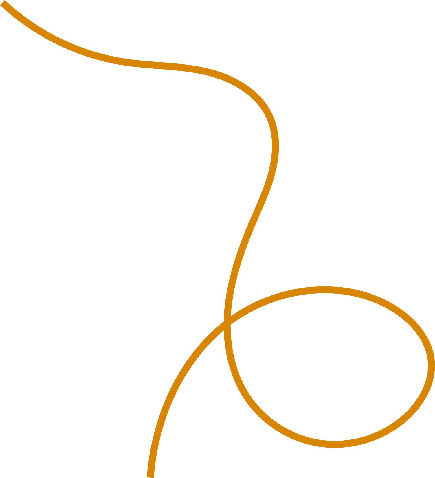 Decorative illustration of a brown, curvy line forming a loop and a swirl on a black background.