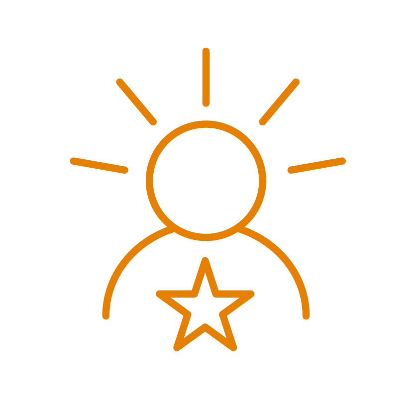 Simple line drawing of a person with a star on the chest and lines radiating around the head, resembling rays of light.