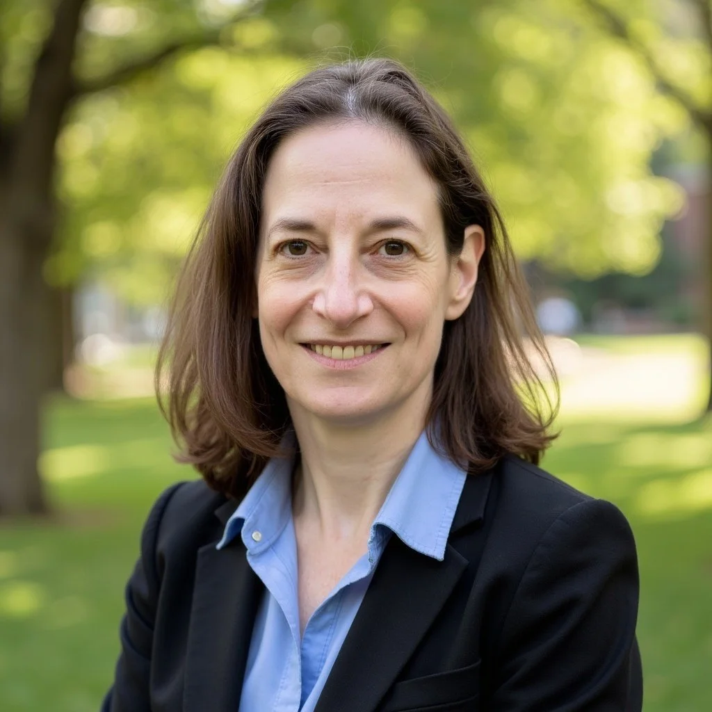 Professional headshot of a woman, Karin Boxer, in a navy blazer and light blue shirt, photographed outdoors.