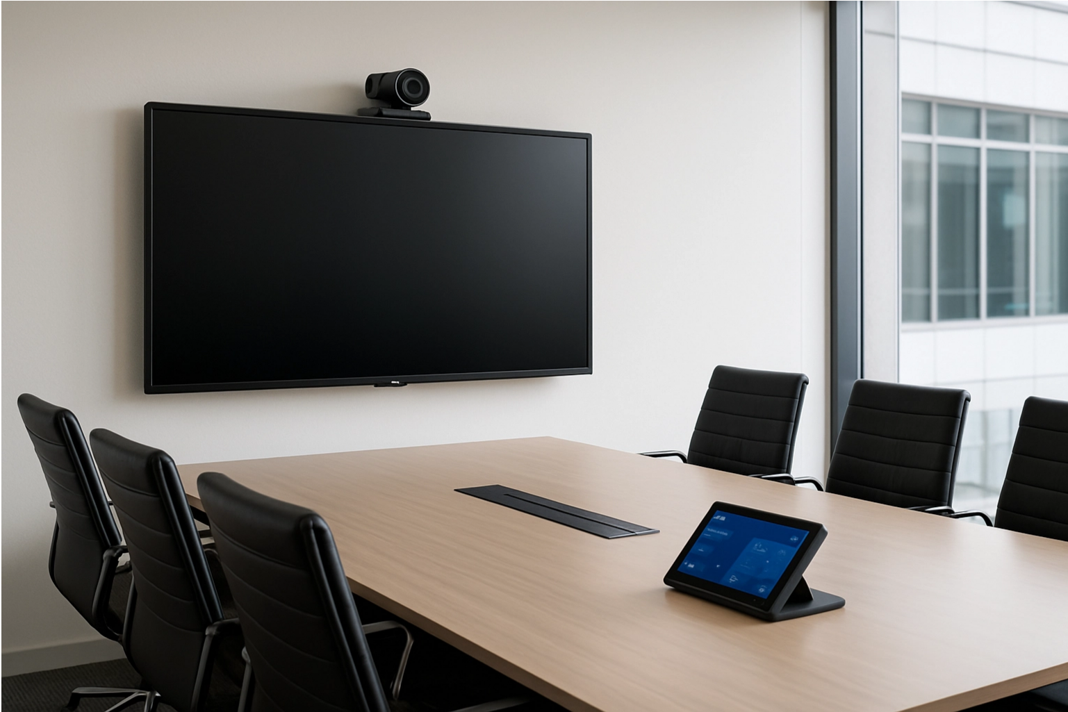 Modern conference room with a large wooden table, black leather chairs, a mounted flat-screen TV with a webcam, and a tablet on the table, with windows showing an office building outside.