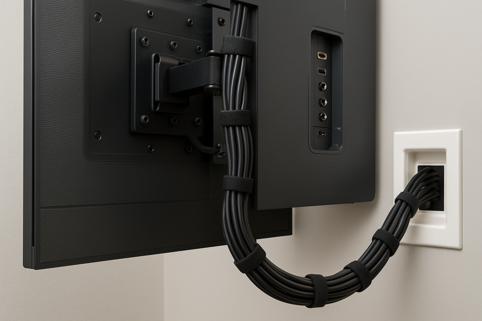 Back of a black electronic device, possibly a TV or monitor, with multiple cables secured with black velcro straps, plugged into a wall outlet.