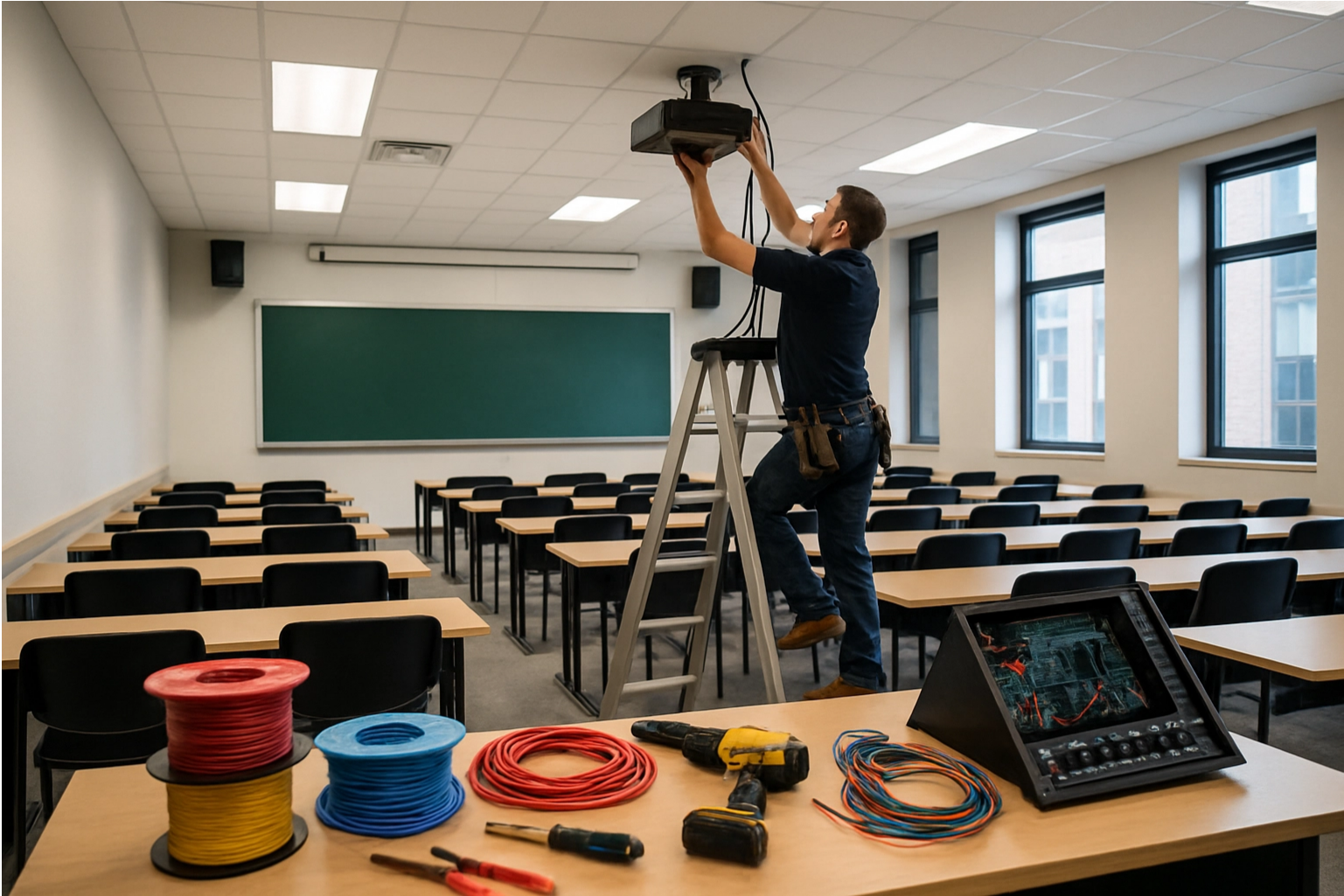 A technician installing or repairing equipment on the ceiling of a classroom, with tools and color-coded wires on a table in the foreground and empty desks and a green chalkboard in the background.