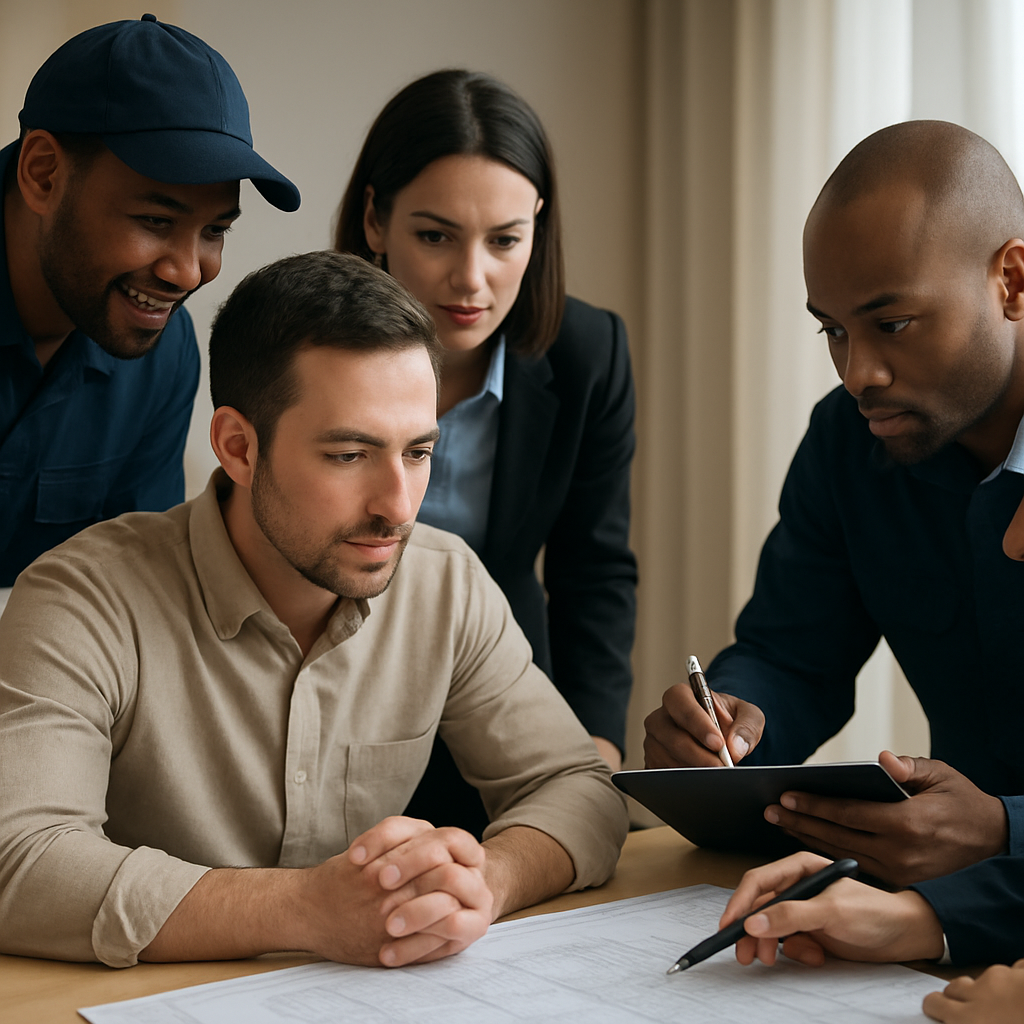 A group of five diverse professionals gathered around a table, reviewing documents and discussing a project in an office setting.