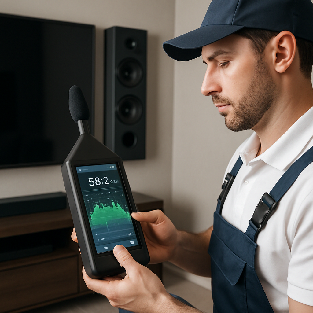 A man in a blue cap and work apron shows a sound level meter with a digital display reading '58:2' and a sound graph, inside a room with a television and speakers.