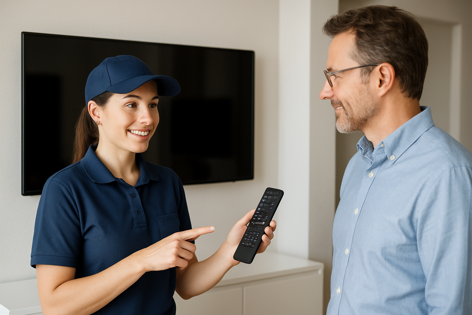 A woman in a blue uniform and cap is smiling and holding a TV remote, pointing at a man in glasses and a blue shirt, who is smiling back at her.