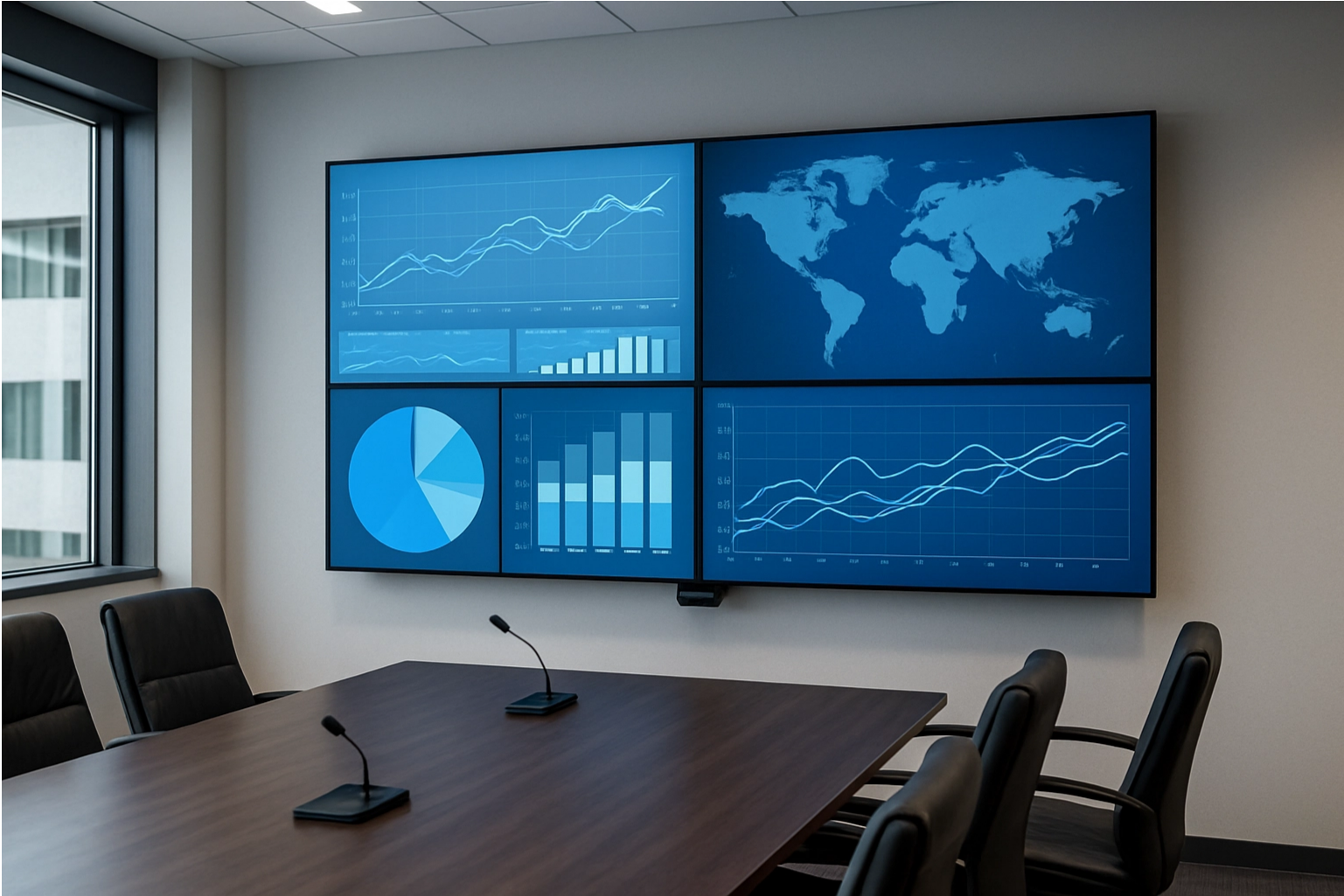 A conference room with a large table, chairs, and four screens showing charts, graphs, and a world map.