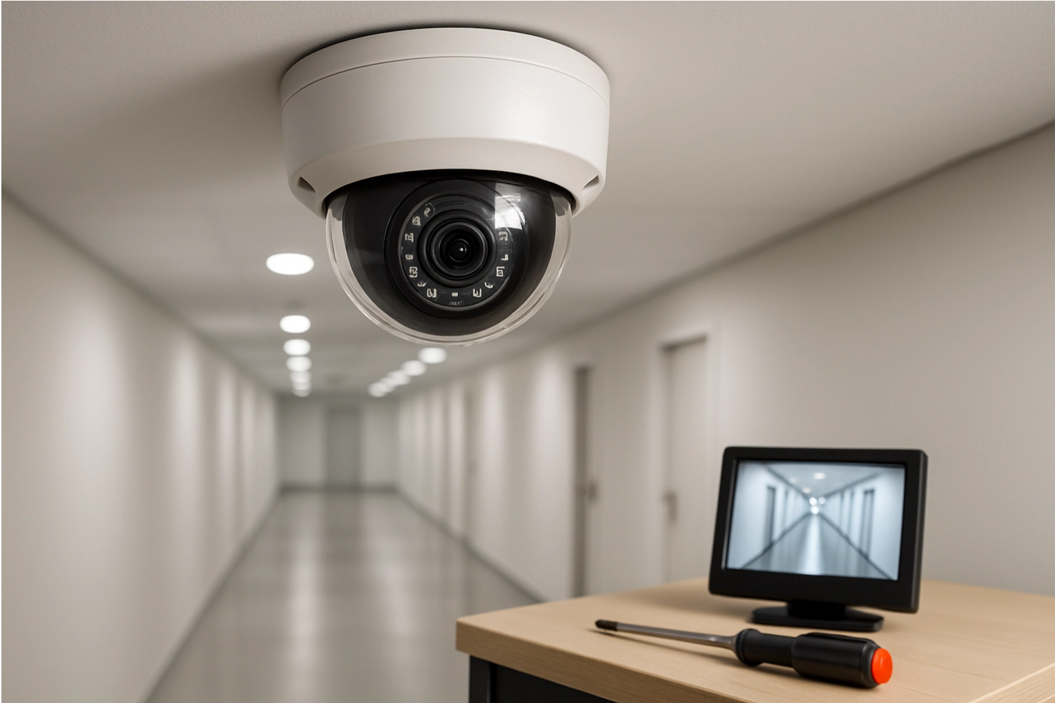 Indoor hallway with security camera mounted on the ceiling and monitoring equipment on a wooden table.