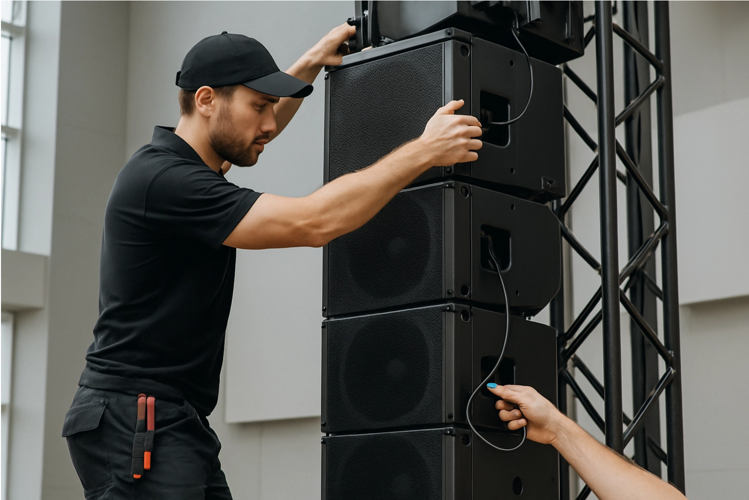A man in black clothing and a black cap sets up large speaker monitors on a stage.
