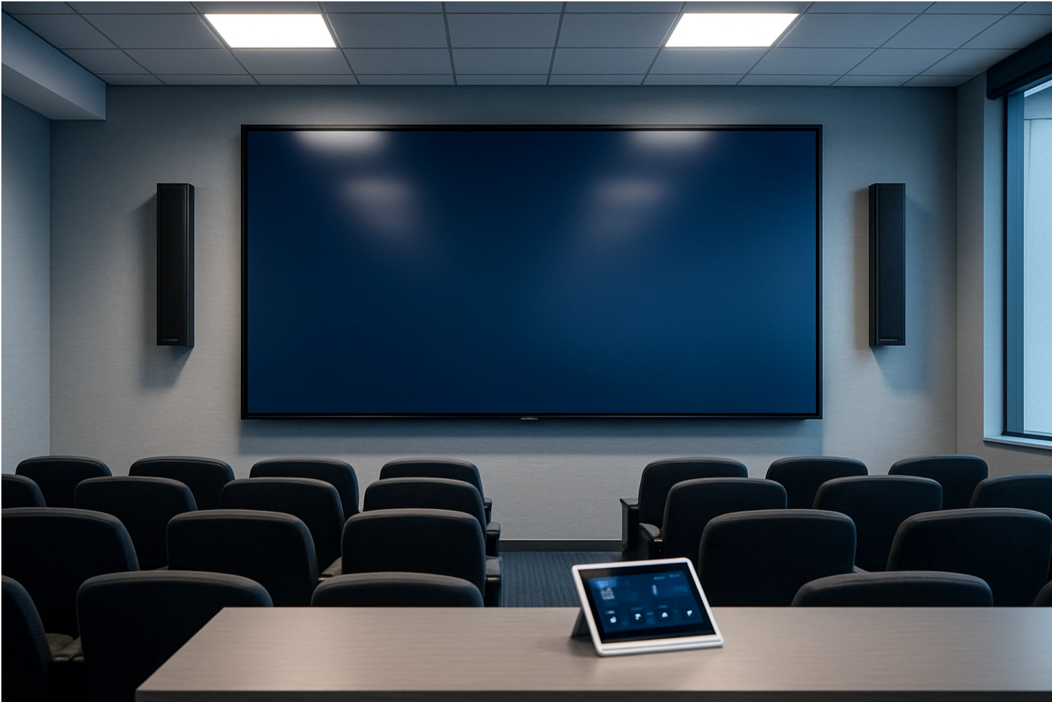 Empty conference room with black chairs, a large blue screen, and a digital tablet on the desk in the foreground.
