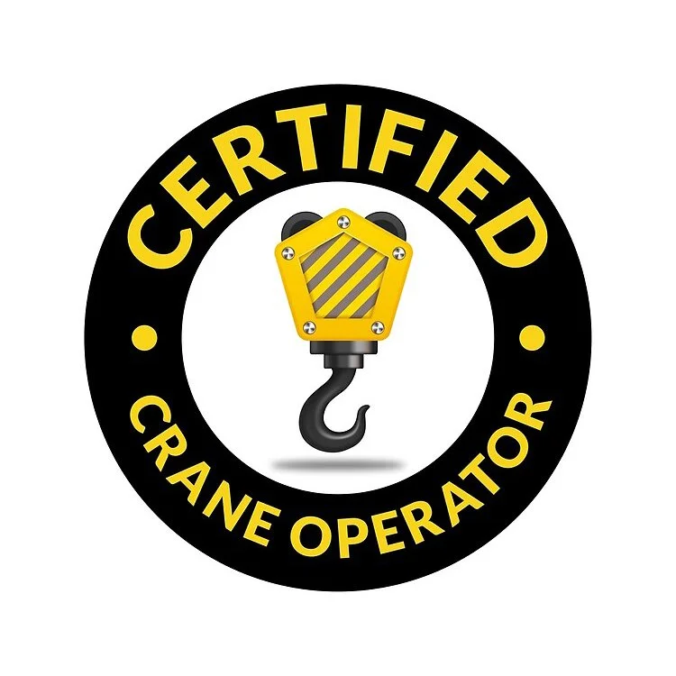 Certification badge with a crane hook in the center and text 'Certified Crane Operator' surrounding it.