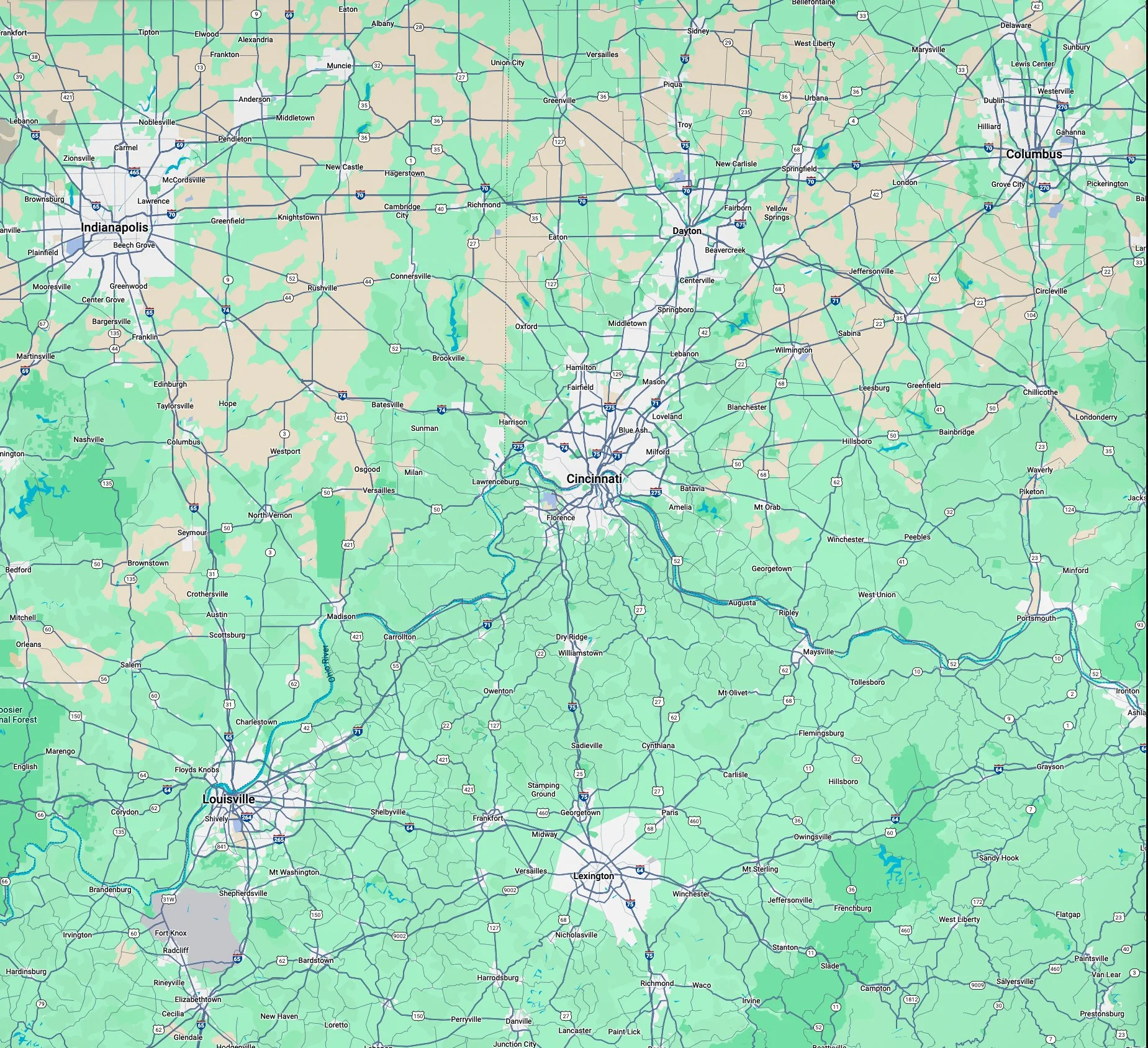 Map showing Cincinnati, Ohio, Louisville, Kentucky, and surrounding cities, with roads, rivers, and green areas representing parks or forests.