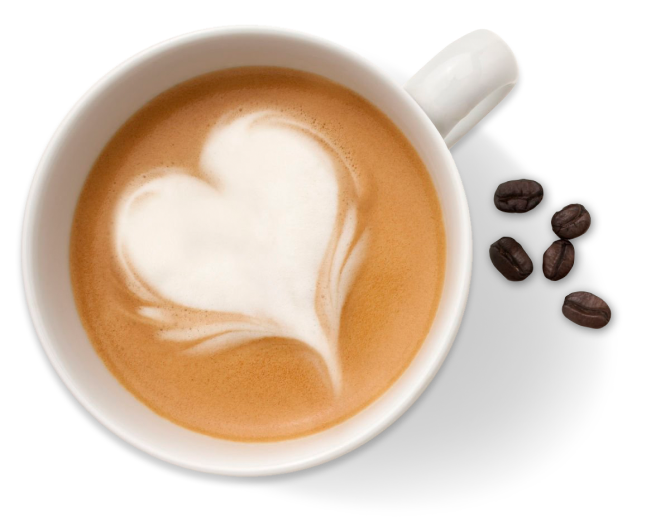 A white ceramic cup of coffee with heart-shaped latte art, accompanied by coffee beans on a black background.