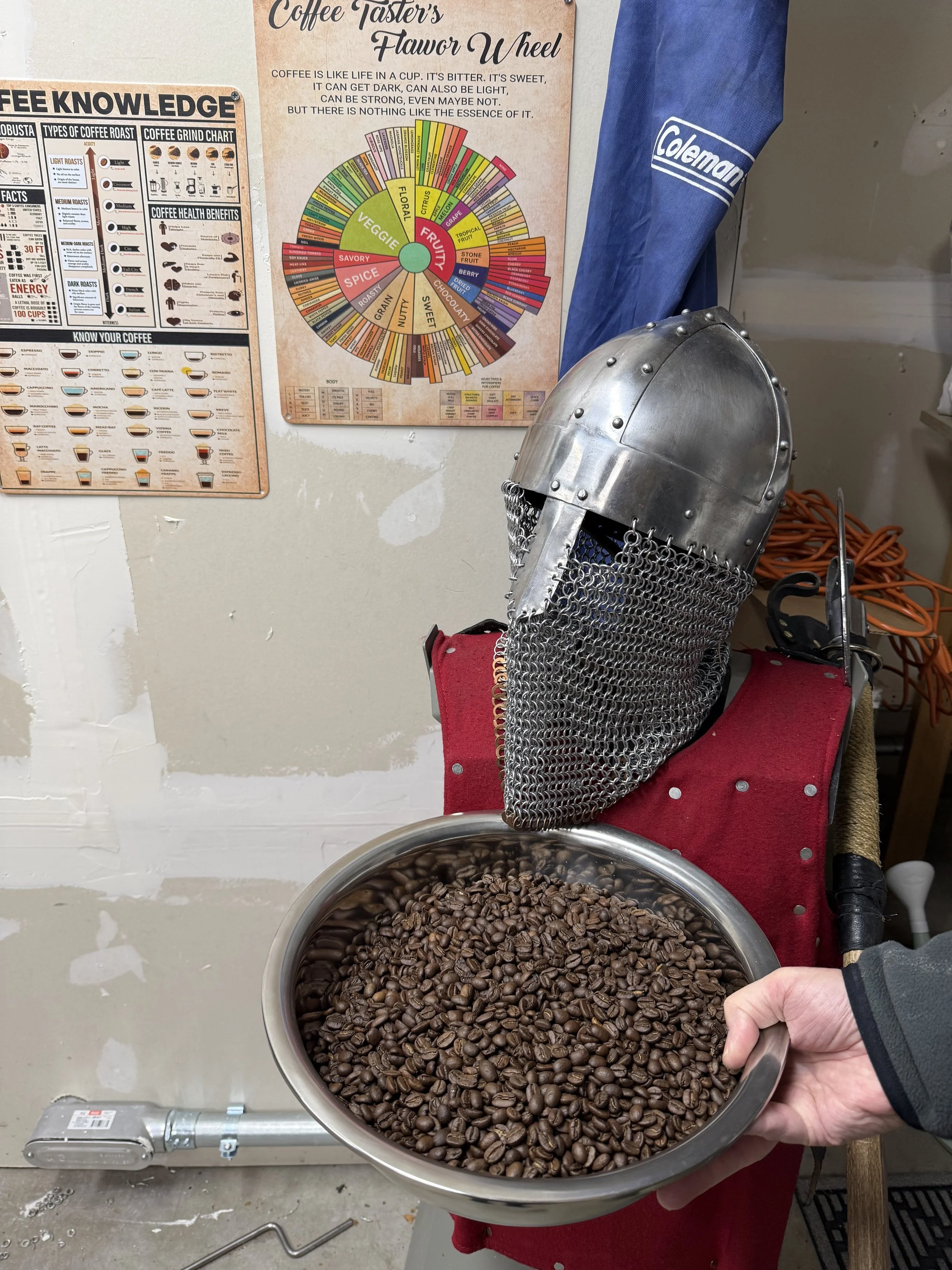 A person holding a metal bowl filled with roasted coffee beans in front of a medieval-style helmet with chainmail, placed on a red cloth. The background includes posters about coffee types and flavor wheel on a concrete wall, with an orange extension
