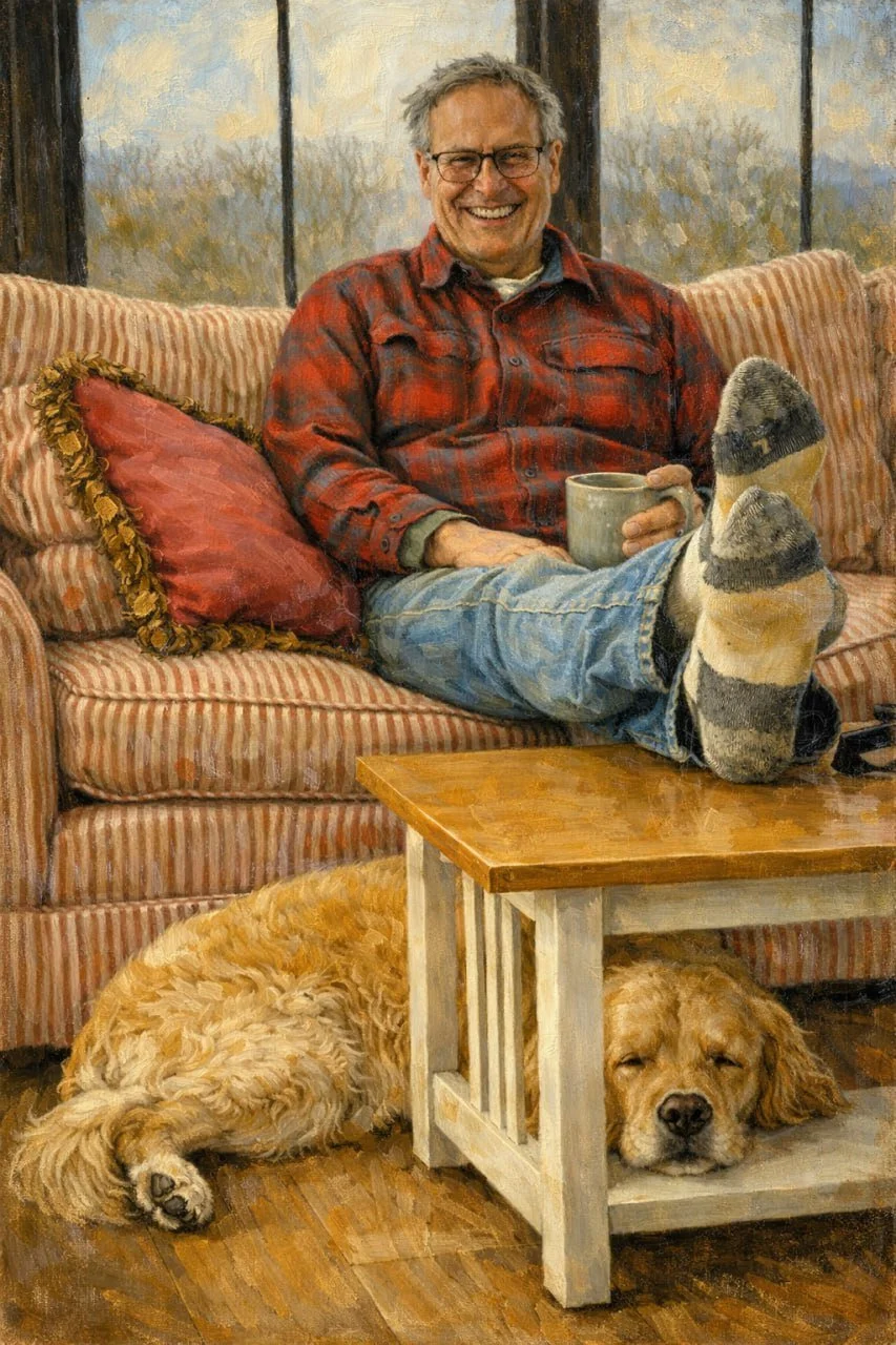 A man in glasses and a red plaid shirt sitting on a striped couch, smiling and holding a mug. A dog is sleeping underneath the coffee table.