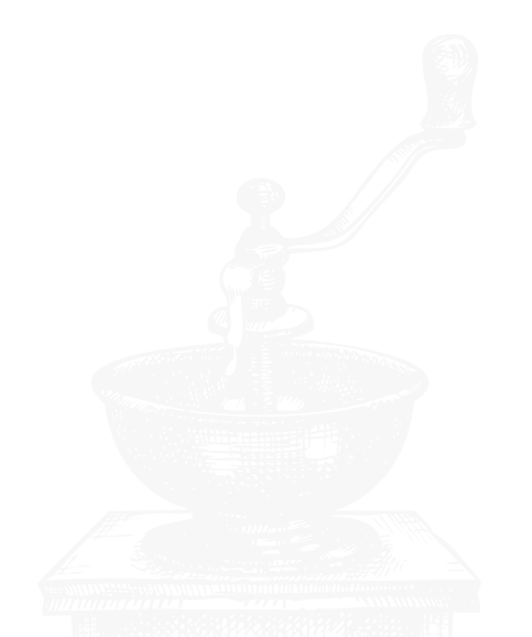 Black and white illustration of a vintage manual coffee grinder on a wooden surface.