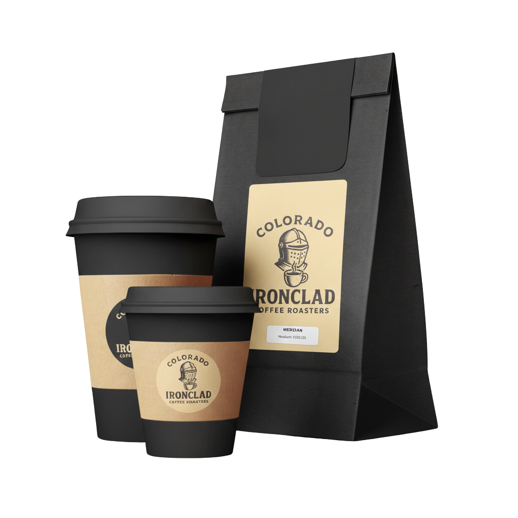 Black coffee supporter's coffee cups and a black coffee bag from Ironclad Coffee Roasters with Colorado branding.