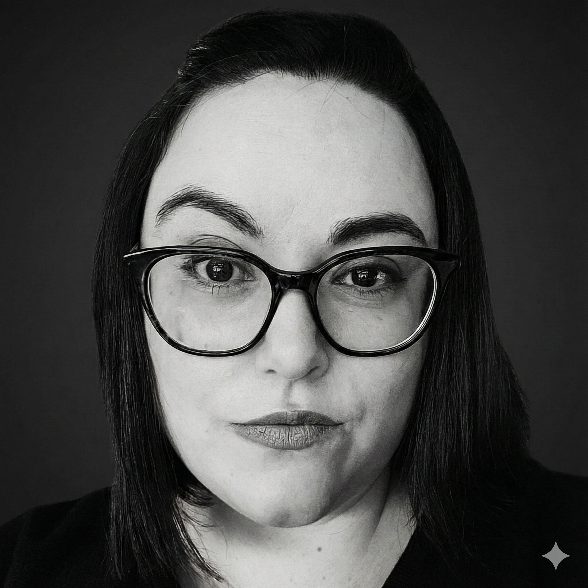 A black and white close-up of a person's face with glasses and styled hair.