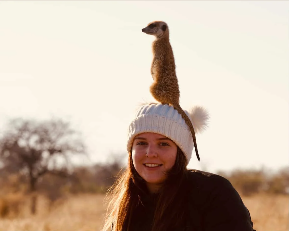 Wildlife Conservation & Ecology Society Treasurer, Cameron, with a meerkat standing on top of her head.