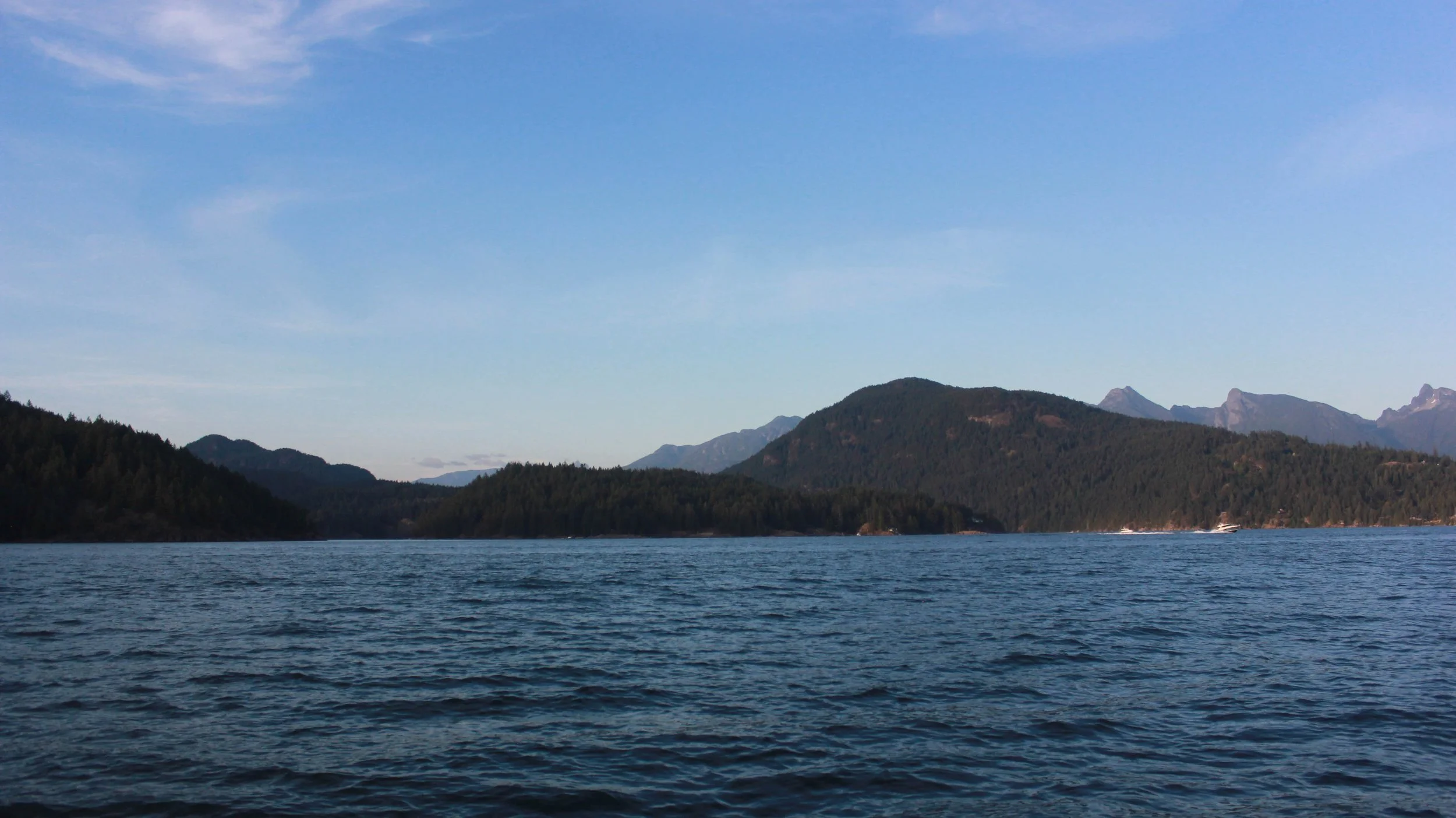 Scenic lake view with calm waters, forested hills, and mountain range in the background under a clear blue sky.