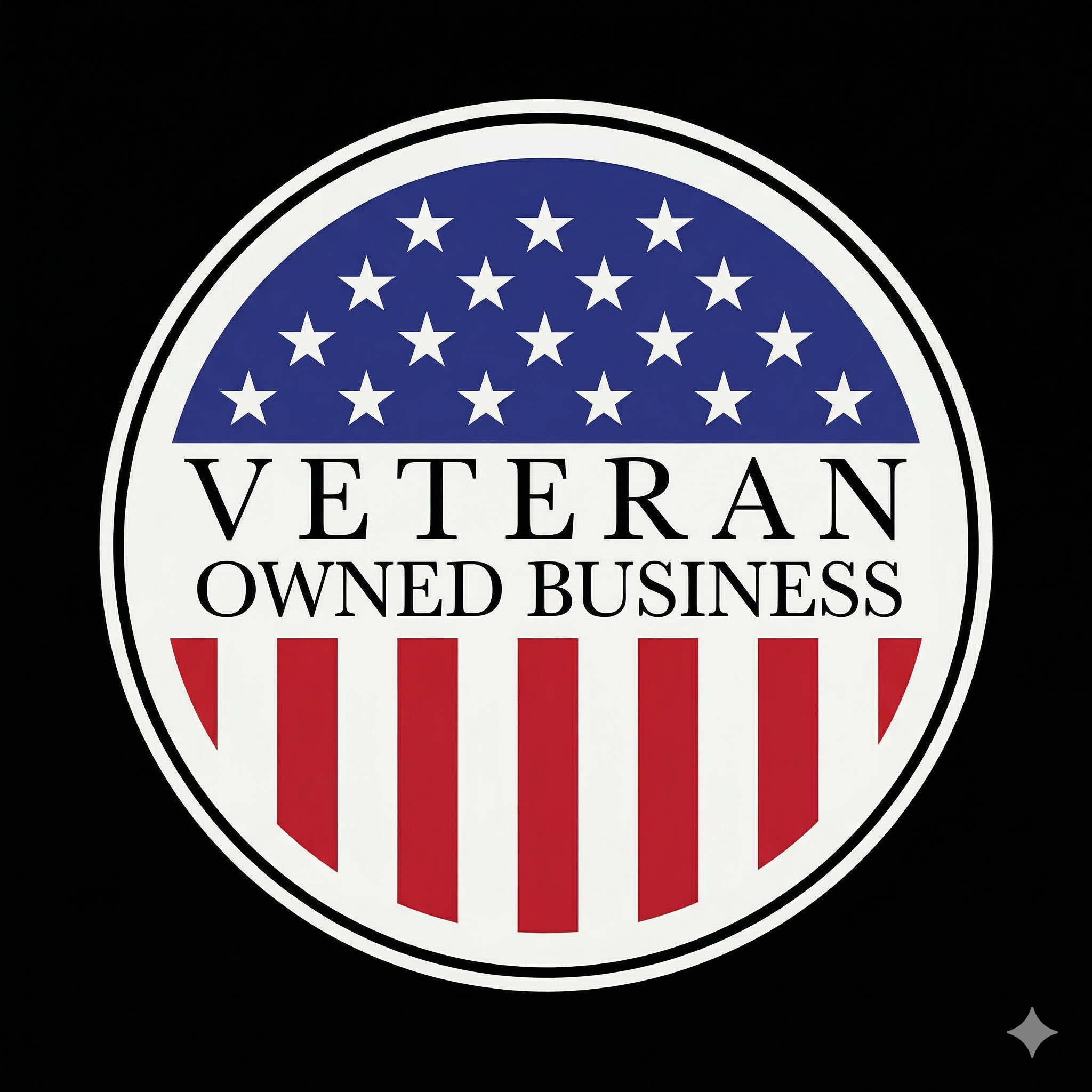 A circular emblem with an American flag theme, featuring white stars on a blue background at the top, red and white stripes at the bottom, and the words "Veteran Owned Business" in the center.