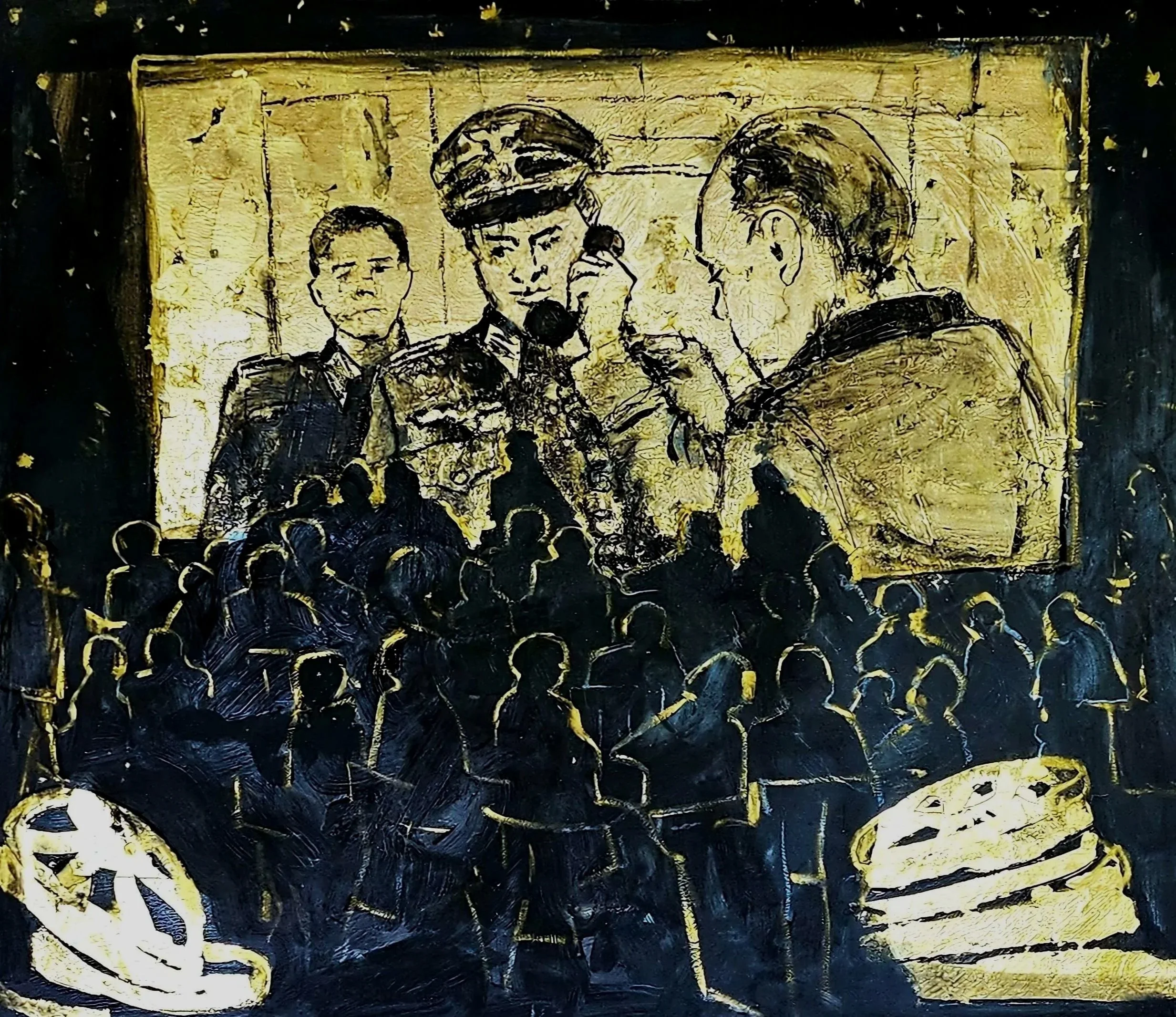 Painting depicting a military scene with a soldier on the phone, surrounded by two men in suits, with an audience watching.