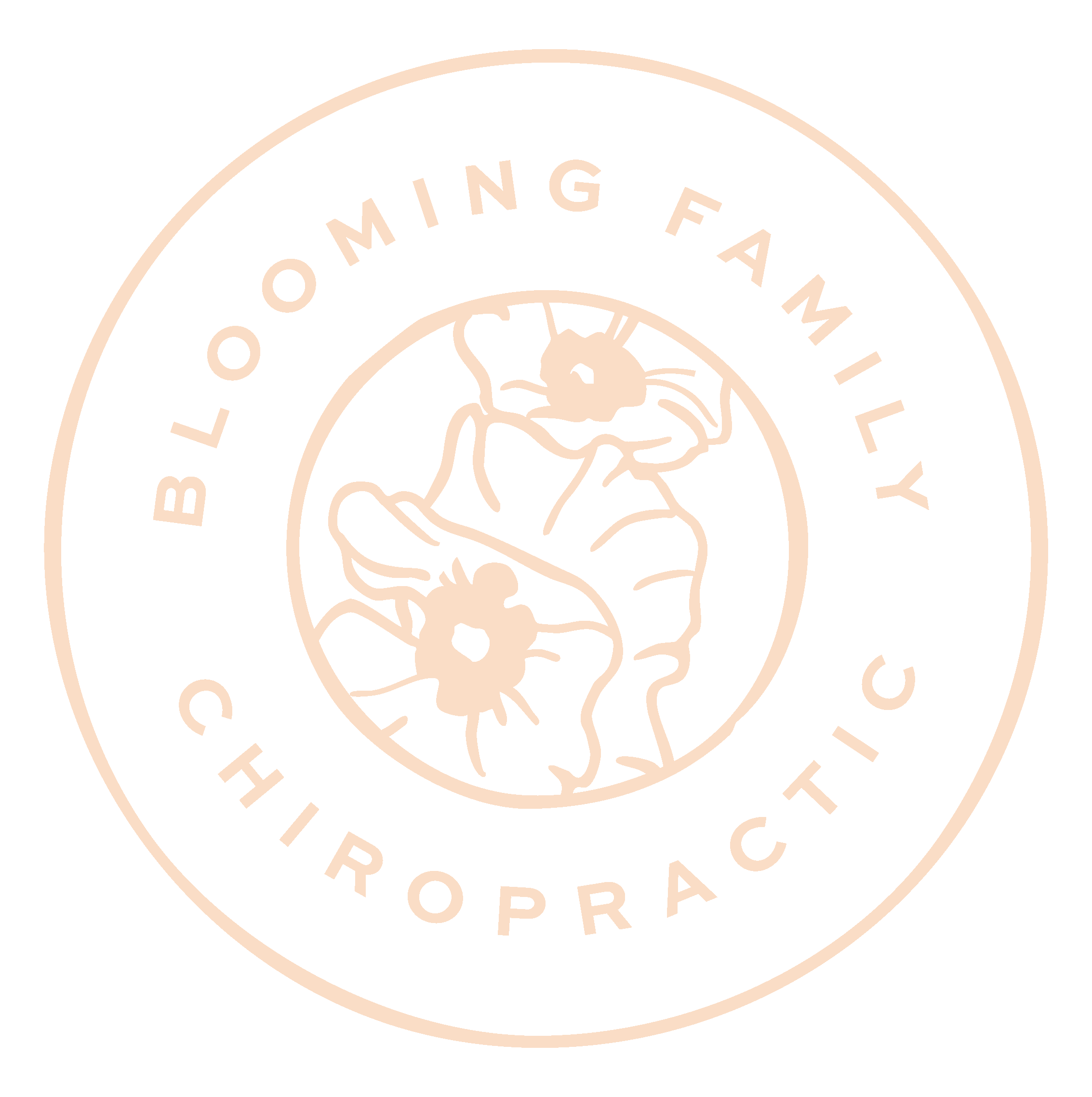 Black circular logo with the text "Blooming Family Chiropractic" around the perimeter. The center features line art of a cat and a dog, with a flower behind them.