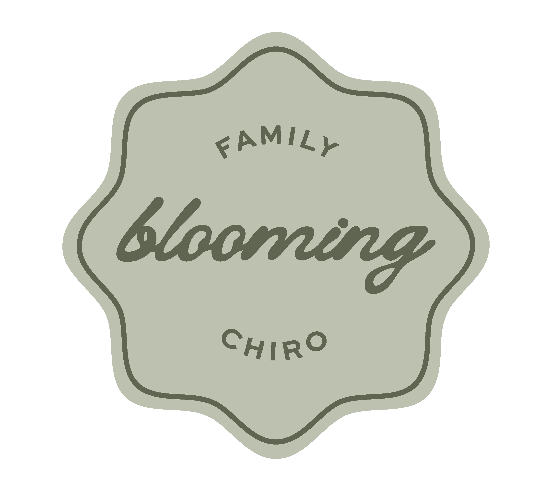A decorative sign with a scalloped border reads 'Family blooming chiro' in dark gray text on a light gray background.