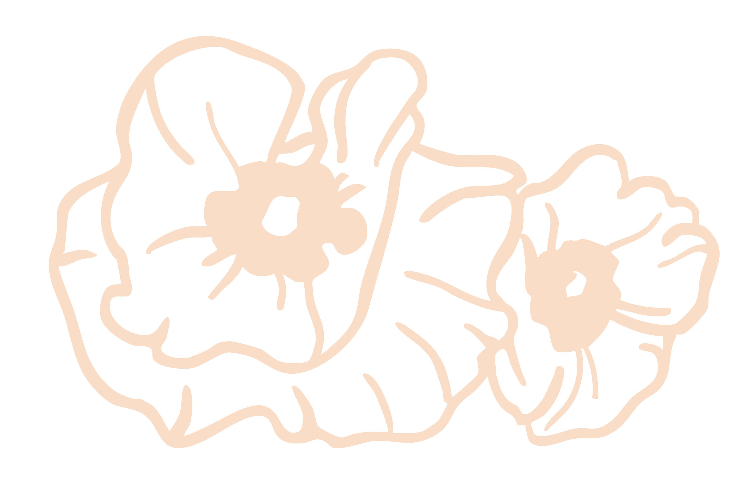 Outline drawing of two flowers with five petals each on a black background.