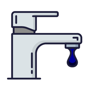 A faucet with a water droplet hanging from the spout.