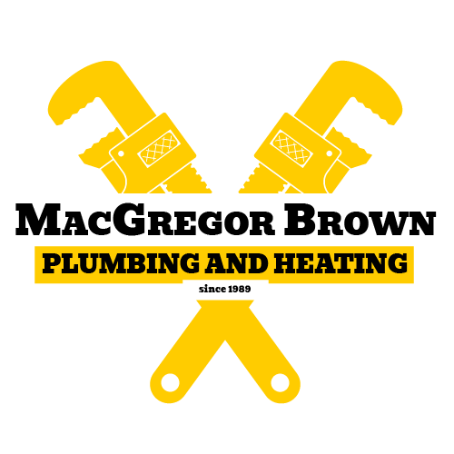 Logo for MacGregor Brown Plumbing and Heating featuring two yellow pipes crossed behind the company name and yellow banner.