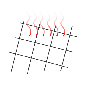 Four black lines intersecting in a grid with red lines emanating above indicating a functioning in-floor radiant heating system.