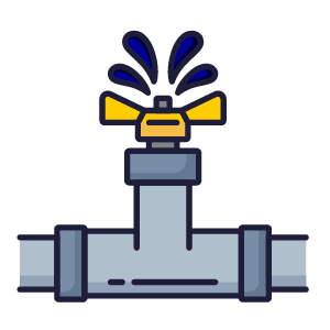 A cartoon illustration of a pipe with a valve, with water or steam spraying out of the valve indicating a water pressure problem.