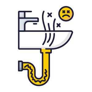 A sink with smelly vapors coming out of the drain and an unhappy face indicating a plumbing issue.