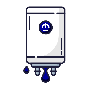 Illustration of a hot water tank needing replacement with water leaking from the bottom.