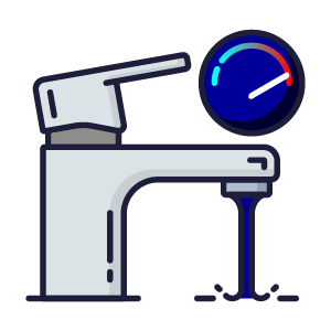 A faucet with a running stream of water and a blue circular temperature control knob.