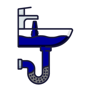 Illustration of a sink with a faucet and clogged pipe indicating a plumbing issue underneath.