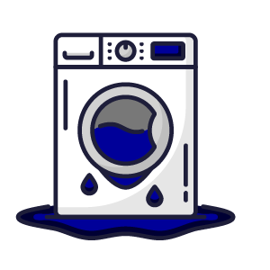 A washing machine with blue water inside and water droplets underneath indicating a leak.