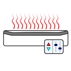 A hot water heater register with red lines emanating from it above indicating heat with control symbols indicating temperature control