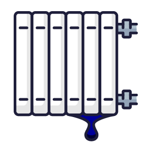 A white radiator with blue water droplet coming out the bottom indicating a leak, in a minimalist style.