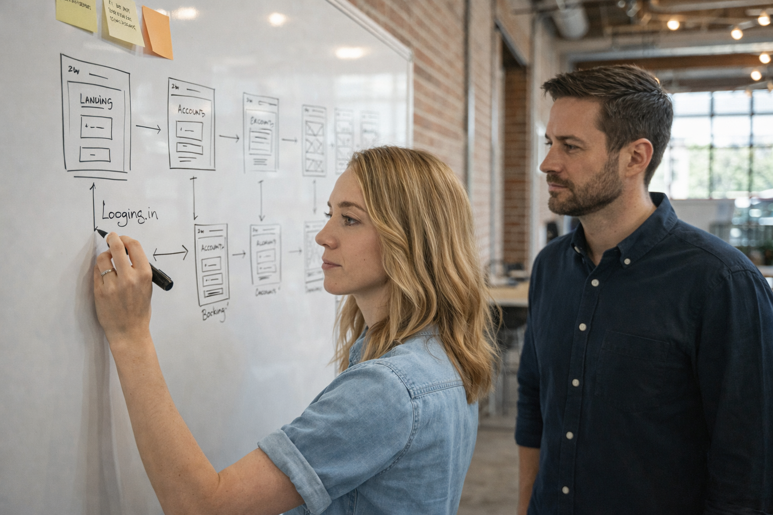 Cassie sketching user flows on a whiteboard while collaborating with a colleague.