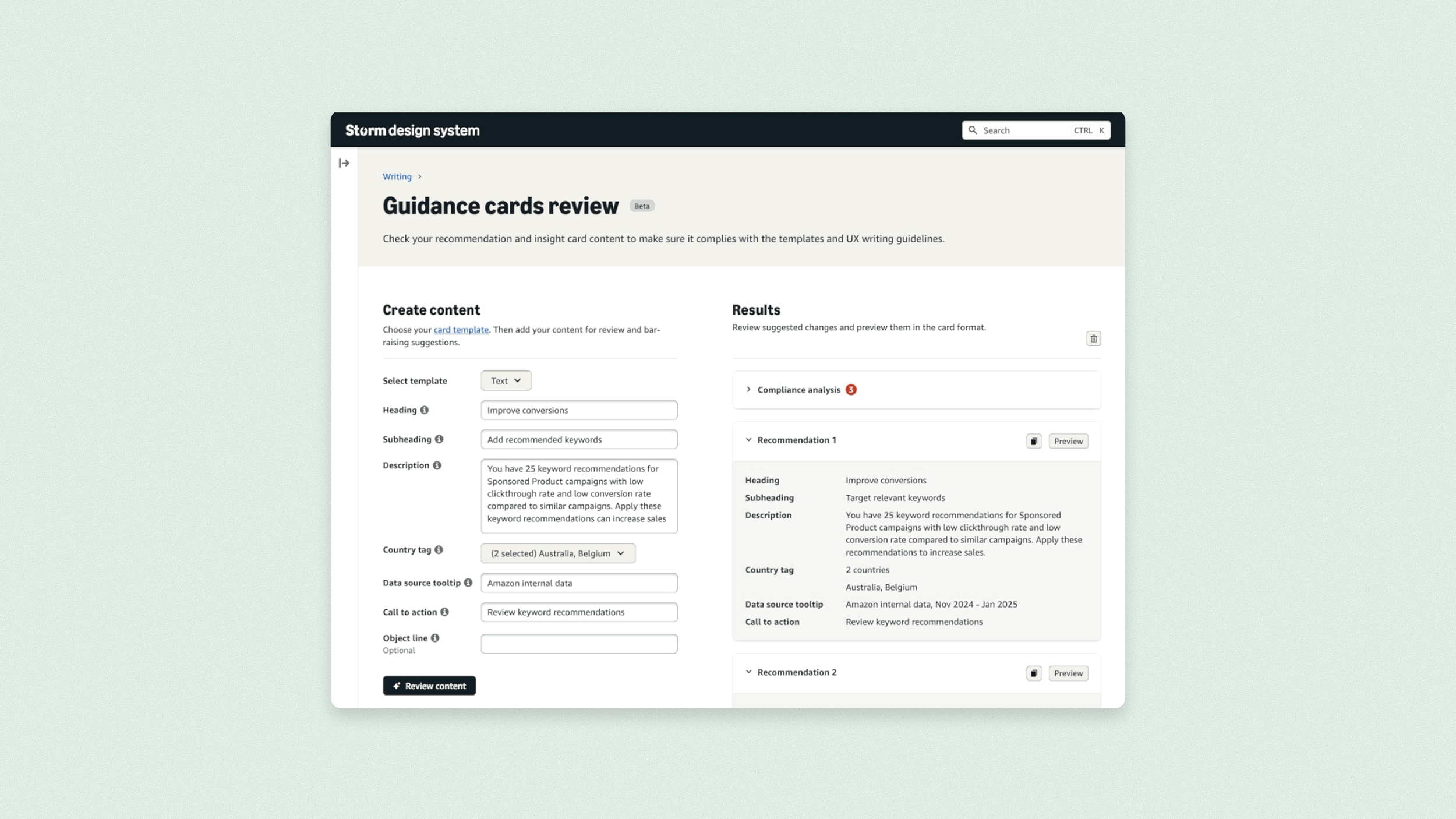 Generated results from an internal UX writing LLM tool